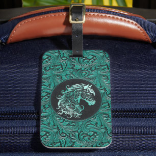 Turquoise cowgirl floral tooled leather horse head luggage tag