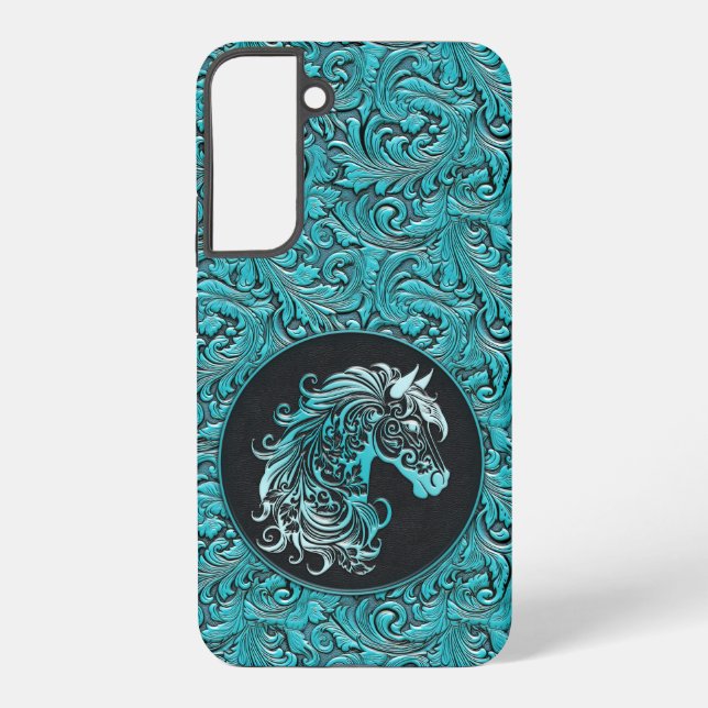 Turquoise cowgirl floral tooled leather horse head samsung galaxy s22+ case (Back)