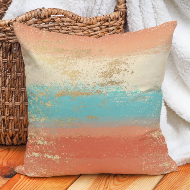 Turquoise Cream Coral Gold Boho Coastal Cushion (Turquoise Cream Coral Gold Boho Coastal Throw Pillow)