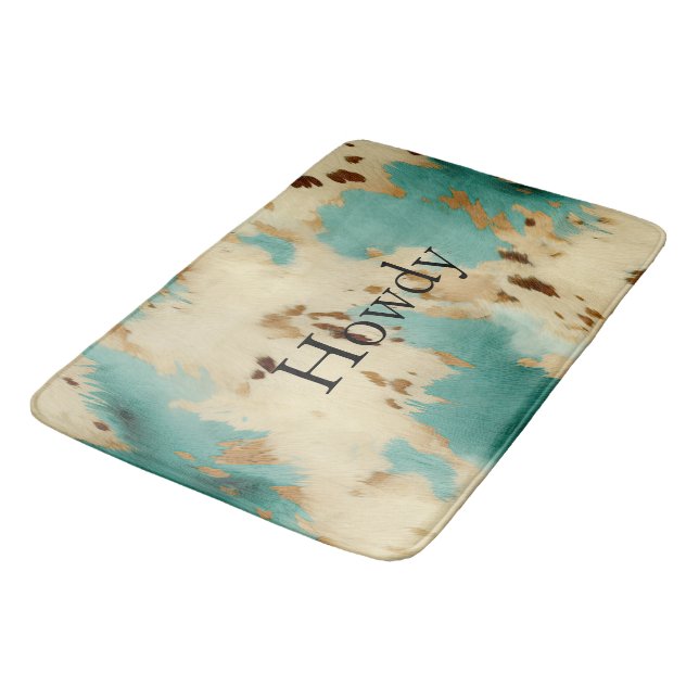 Turquoise Cream Gold Southwest Cowhide Bath Mat (Angled)