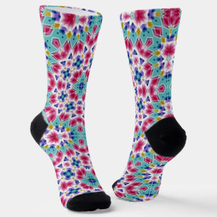 Turquoise crimson colourful kaleidoscope ornament socks