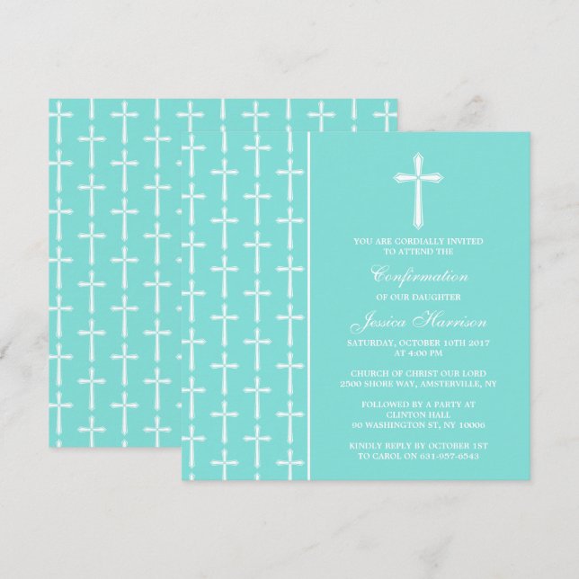 Turquoise Cross Holy Communion Or Confirmation Invitation (Front/Back)