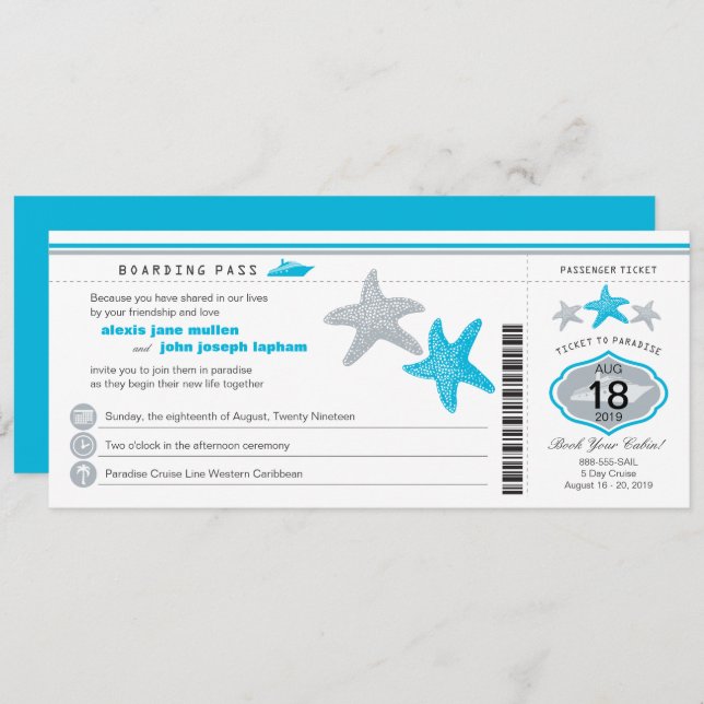 Turquoise Cruise Starfish Boarding Pass Wedding Invitation (Front/Back)