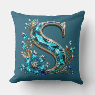 Turquoise Crystal Letter S & Crown Cushion