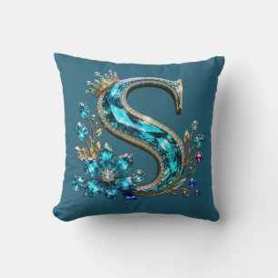 Turquoise Crystal Letter S & Crown Cushion