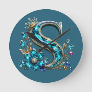 Turquoise Crystal Letter S & Crown Round Clock