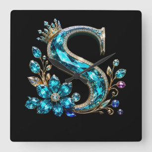 Turquoise Crystal Letter S & Crown Square Wall Clock