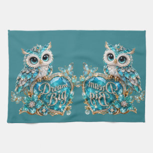 Turquoise Crystal Owl Dream Big Luxury Design Tea Towel