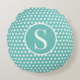 Turquoise Custom initial letter Polka Dot Round Cushion