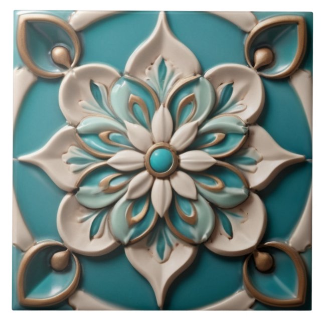 Turquoise Daisy Flower Faux Relief Boho Floral Tile (Front)