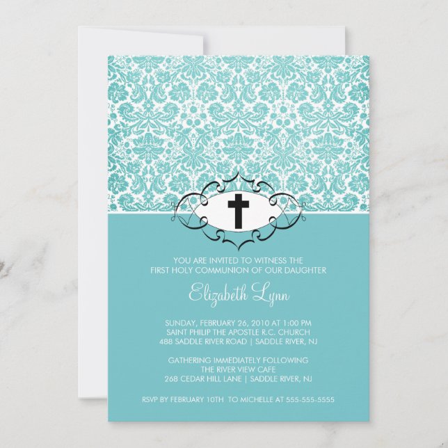 Turquoise Damask First Communion Inviation Invitation (Front)
