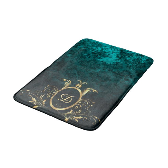 Turquoise Damask gold Frame Personalised Bath Mat (Angled)