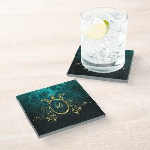 Turquoise Damask gold Frame Personalised Glass Coaster