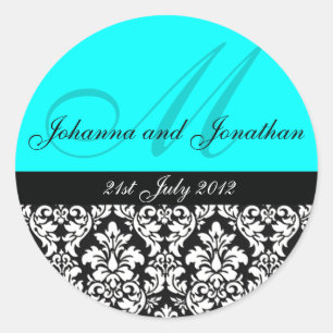 Turquoise Damask Monogram Wedding Stickers