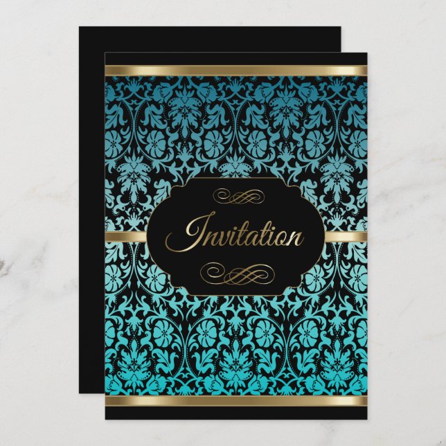 Turquoise Damask Party Celebration | DIY Text Invitation (Front/Back)
