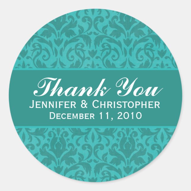 Turquoise Damask Round Wedding Labels (Front)