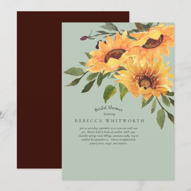Turquoise & Deep Plum Sunflower Bridal Shower Invitation (Front/Back)