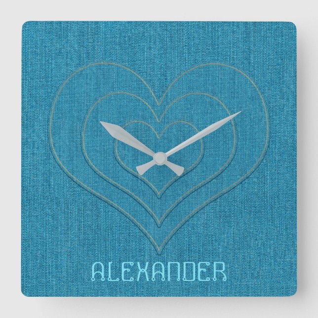 Turquoise Denim Jeans 3 Hearts, Personalised Name Square Wall Clock (Front)