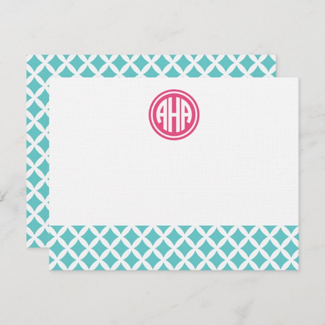 Turquoise Diamonds Circle Monogram Stationery Note Card (Front/Back)