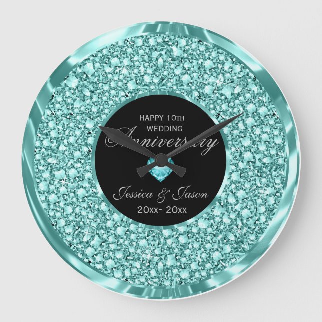 Turquoise Diamonds Glitter 10th Anniversary Large Clock (Front)