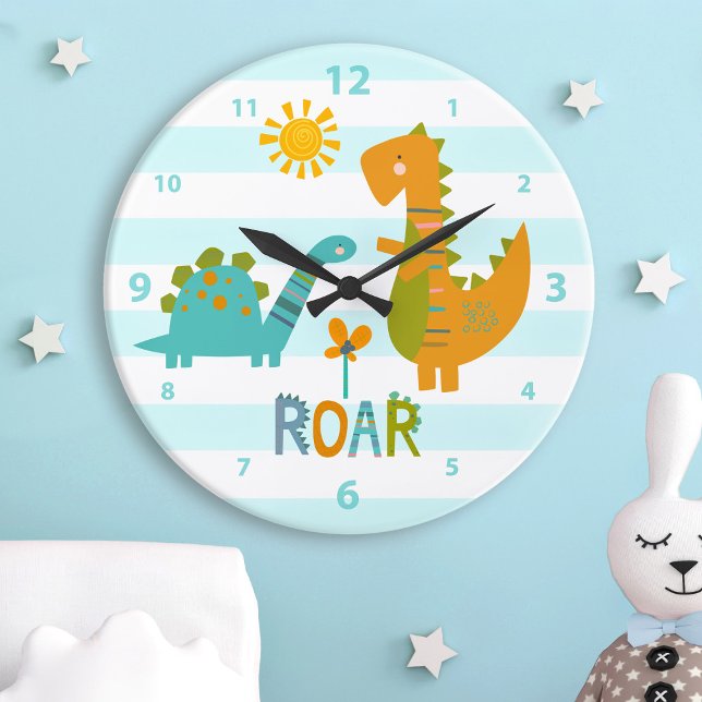 Turquoise Dinosaur Boy Nursery Roar Kawaii Cute Large Clock (Creator Uploaded)