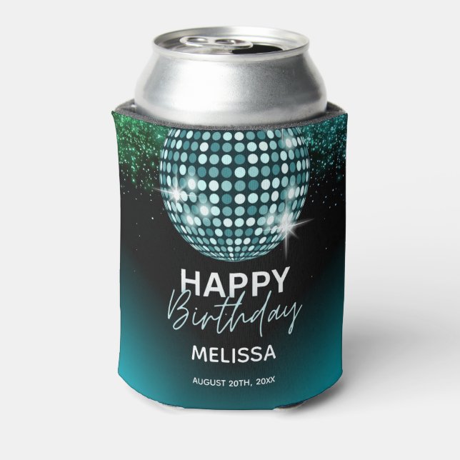 Turquoise Disco Glitter Dance Party Birthday  Can Cooler (Can Back)