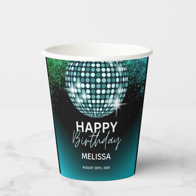 Turquoise Disco Glitter Dance Party Birthday  Paper Cups (Front)