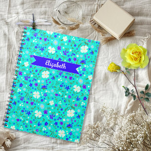 Turquoise Ditsy Floral Illustrated Personalized Notebook