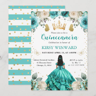 Turquoise Dress Black Hair Princess Quinceanera Invitation
