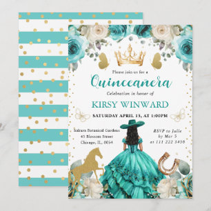 Turquoise Dress Black Hair Princess Quinceanera Invitation