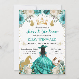 Turquoise Dress Black Hair Princess Sweet 16 Invitation