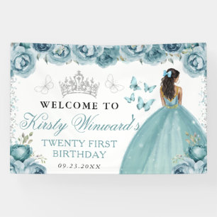 Turquoise Dress Dark Skin Princess Floral Birthday Banner