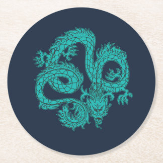 Turquoise Eastern Dragon Navy Blue Paper Coaster
