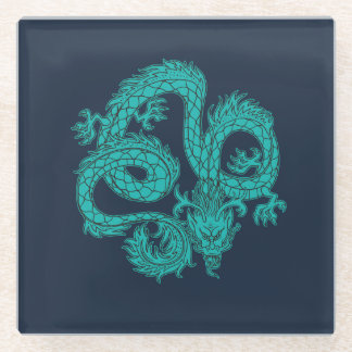 Turquoise Eastern Dragon Navy Blue Paper Coaster