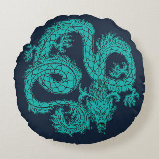 Turquoise Eastern Dragon Navy Blue Round Cushion
