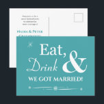 Turquoise Eat Drink We Got Married Retro Elopement Postcard<br><div class="desc">Invite friends and family to help you celebrate your recent marriage with this funky retro white on turquoise blue Eat,  Drink & Be Married! elopement party invitation postcard.</div>