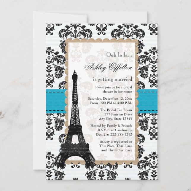 Turquoise Eiffel Tower Parisian Bridal Shower Invitation (Front)