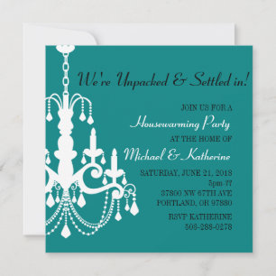 Turquoise Elegant Chandelier Housewarming Invite