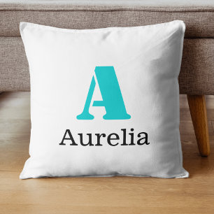 Turquoise Elegant Initial Black Name Modern Cushion