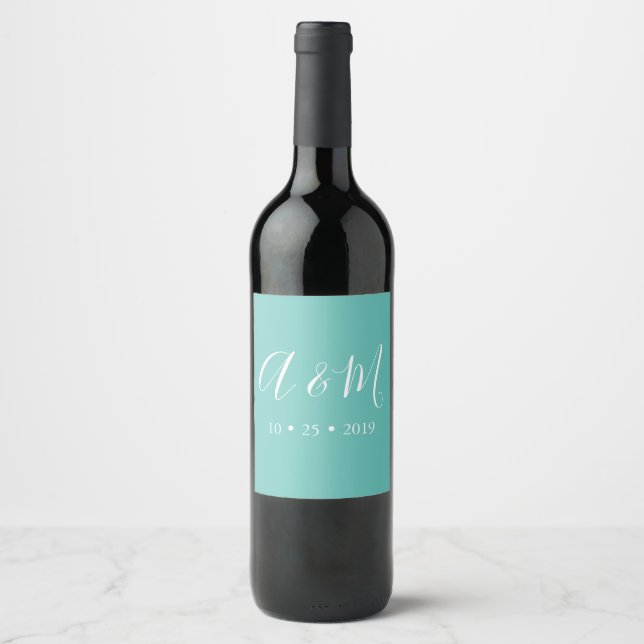 turquoise elegant monogram wedding wine label (Front)