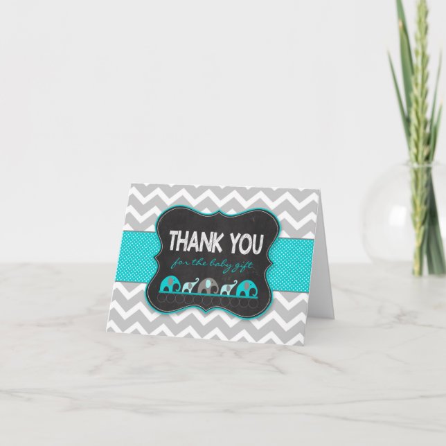 Turquoise Elephants baby shower thank you notes (Front)
