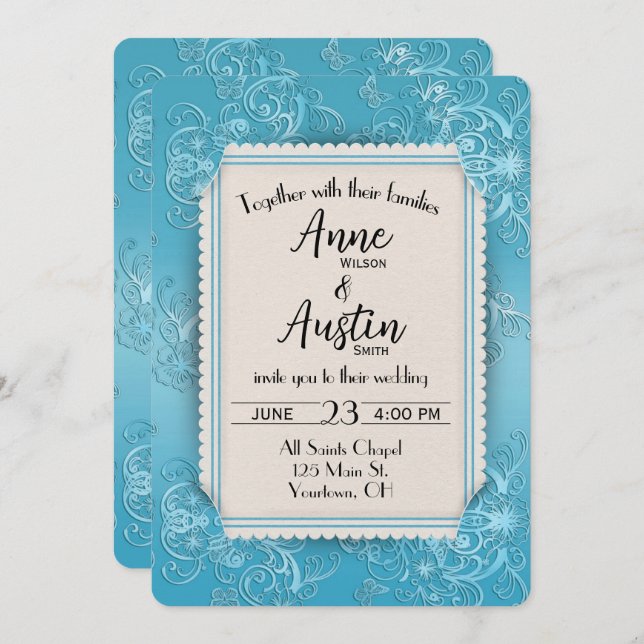 Turquoise Embossed Wedding with Slit Corner  Invitation (Front/Back)