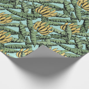 Turquoise Exotic Yellow Bananas and Leaves Wrapping Paper