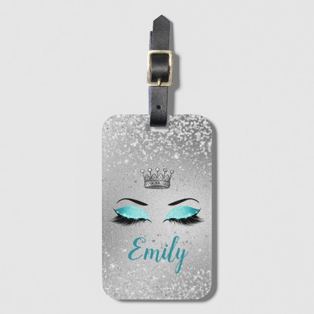 Turquoise Fabulous Glitter Eyes Luggage Tag (Front Vertical)