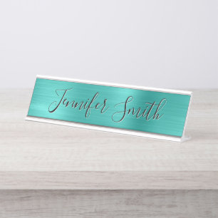 Turquoise Faux Brushed Foil Modern Calligraphy Desk Name Plate