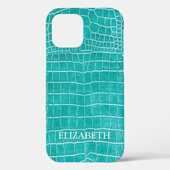Turquoise Faux Crocodile Leather Personalised Name Case-Mate iPhone Case (Back)