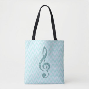 Turquoise Faux Glitter Treble Clef on Chevron Tote Bag