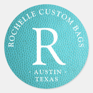 Turquoise faux leather encircled monogram classic round sticker
