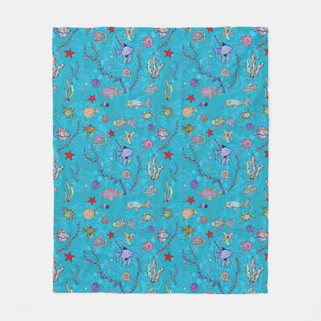 Turquoise Fish Pattern Fleece Blanket (Front)