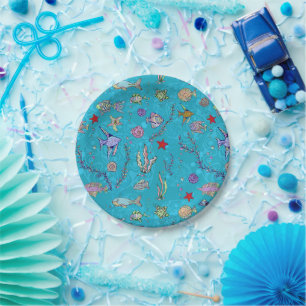 Turquoise Fish Pattern Paper Plate